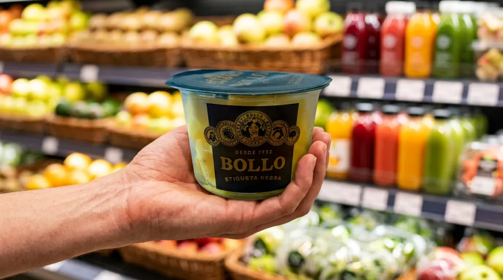 Mano sujetando un pot de fruta cortada Bollo en el lineal de frescos